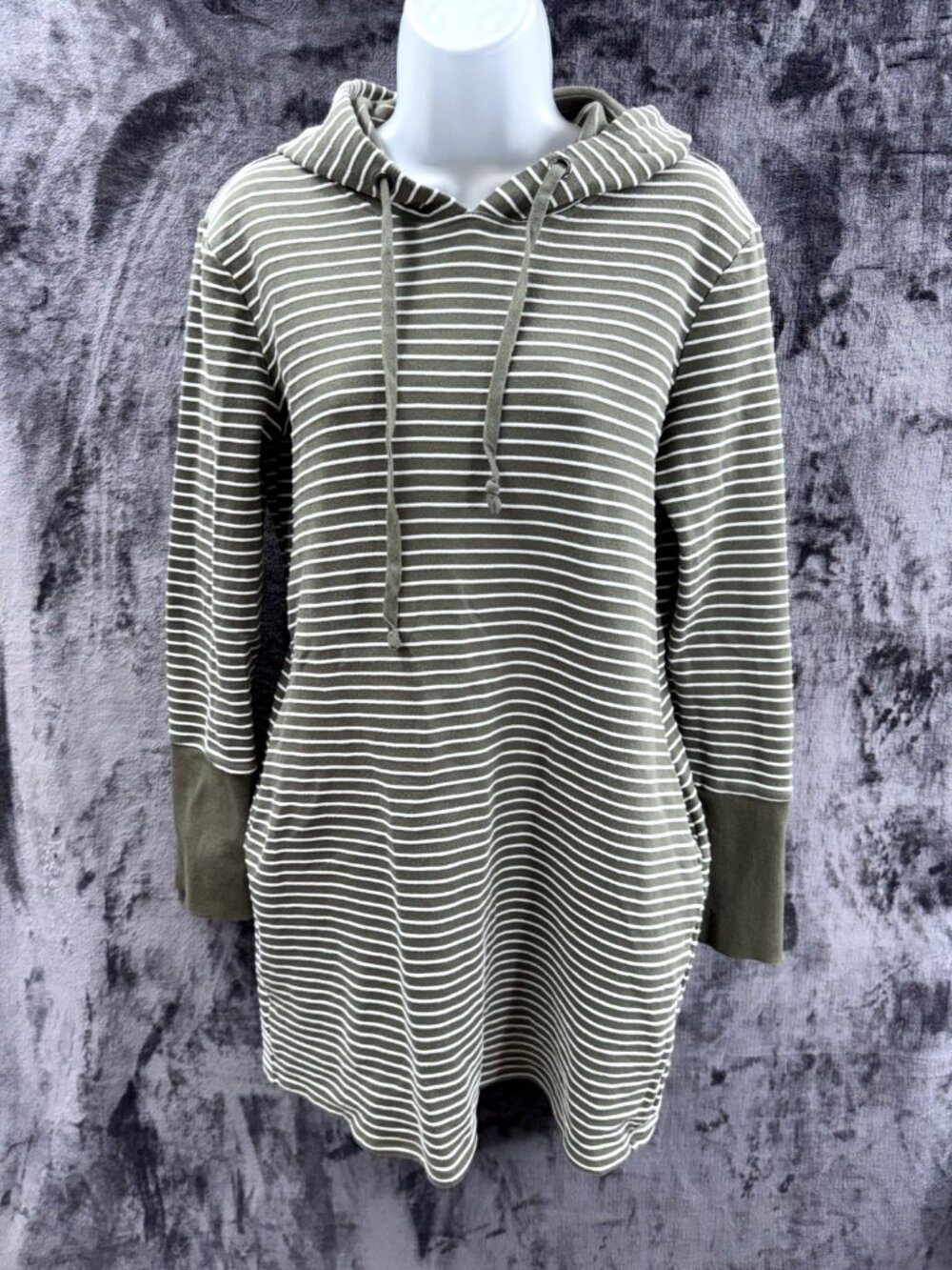 Tribal Jeans Womens M Olive Green Striped Hooded Tunic Dress w Pockets
